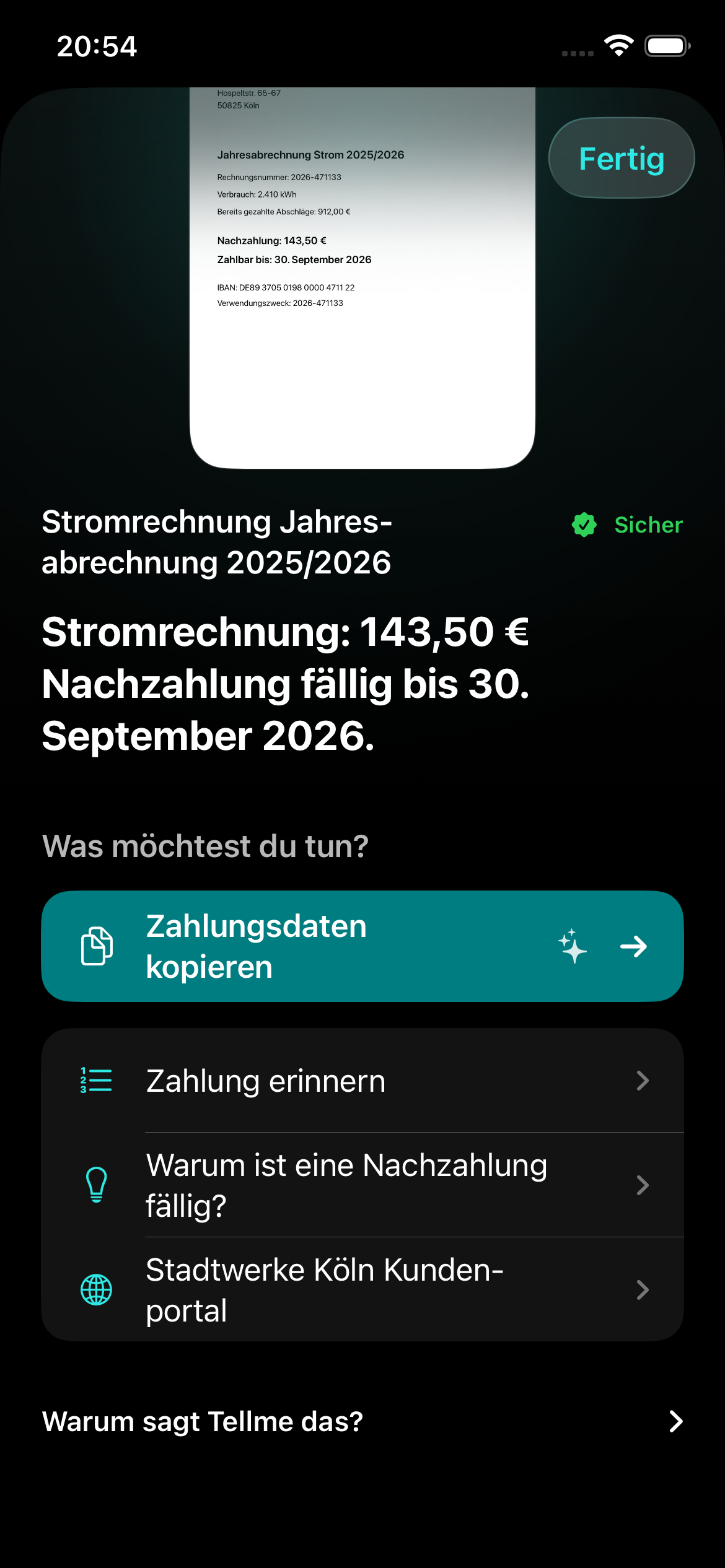 Vorgeschlagene Aktionen zur Rechnung: Zahlungsdaten kopieren, Zahlung erinnern, Kundenportal